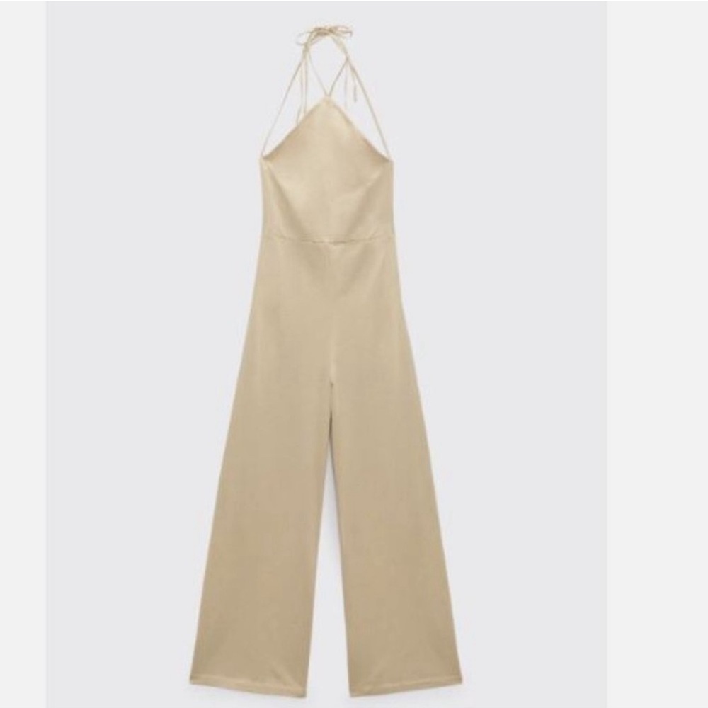 Zara beige cream ruffle frill halter top wide leg jumpsuit 100% cotton S NWOT - Picture 3 of 16